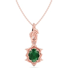 3/4 Carat Oval Shape Emerald Necklaces With Ornate Vine Design In 14 Karat Rose Gold, 18 Inch Chain