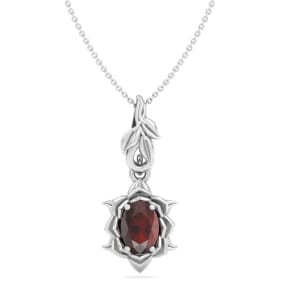1 Carat Oval Shape Garnet Ornate Necklace In 14K White Gold
