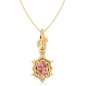 3/4 Carat Oval Shape Morganite Necklace Ornate Design In 14K Yellow Gold With 18 Inch Chain