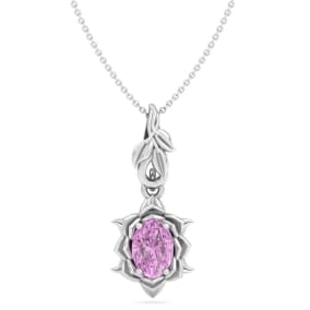1 Carat Oval Shape Pink Topaz Ornate Necklace In 14K White Gold