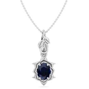 1 Carat Oval Shape Sapphire Ornate Necklace In 14K White Gold
