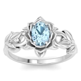 3/4 Carat Oval Shape Aquamarine Ornate Ring In 14K White Gold