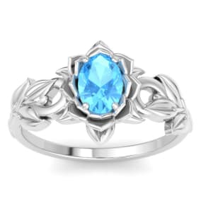 1 Carat Oval Shape Blue Topaz Ornate Ring In 14K White Gold