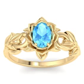 1 Carat Oval Shape Blue Topaz Ornate Ring In 14K Yellow Gold