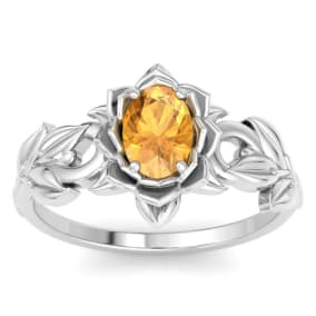 3/4 Carat Oval Shape Citrine Ornate Ring In 14K White Gold