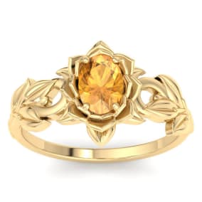 3/4 Carat Oval Shape Citrine Ornate Ring In 14K Yellow Gold