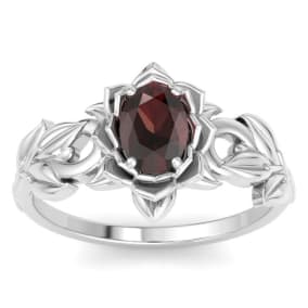 1 Carat Oval Shape Garnet Ornate Ring In 14K White Gold