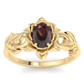 1 Carat Oval Shape Garnet Ornate Ring In 14K Yellow Gold
