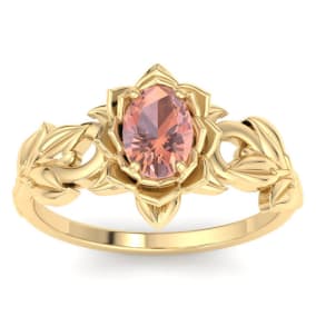 3/4 Carat Oval Shape Morganite Ornate Ring In 14K Yellow Gold