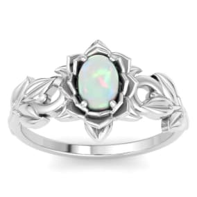 3/4 Carat Oval Shape Opal Ring with Floral Design In 14K White Gold