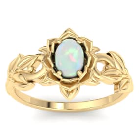 3/4 Carat Oval Shape Opal Ring with Floral Design In 14K Yellow Gold