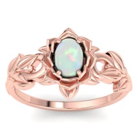 3/4 Carat Oval Shape Opal Ring with Floral Design In 14K Rose Gold