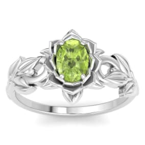 1 Carat Oval Shape Peridot Ornate Ring In 14K White Gold
