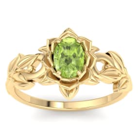 1 Carat Oval Shape Peridot Ornate Ring In 14K Yellow Gold