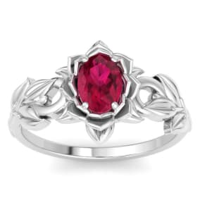 1 Carat Oval Shape Ruby Ornate Ring In 14K White Gold