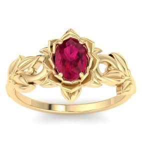 1 Carat Oval Shape Ruby Ornate Ring In 14K Yellow Gold