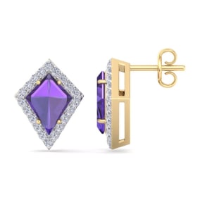 2 1/5 Carat Kite Shape Amethyst and Diamond Earrings In 14K Yellow Gold