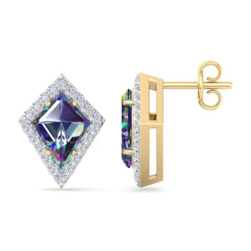2 1/5 Carat Kite Shape Mystic Topaz and Diamond Earrings In 14K Yellow Gold