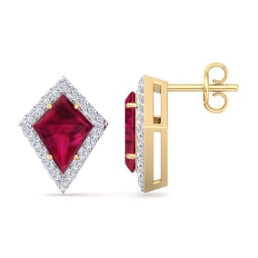 2 1/5 Carat Kite Shape Ruby and Diamond Earrings In 14K Yellow Gold