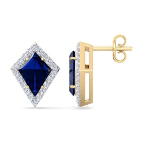 2 1/5 Carat Kite Shape Sapphire and Diamond Earrings In 14K Yellow Gold