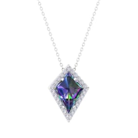 1-3/4 Carat Kite Shape Mystic Topaz Necklace And Diamond Halo In 14 Karat White Gold, 18 Inches