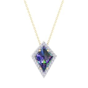 1-3/4 Carat Kite Shape Mystic Topaz Necklace And Diamond Halo In 14 Karat Yellow Gold, 18 Inches