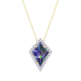 1-3/4 Carat Kite Shape Mystic Topaz Necklace And Diamond Halo In 14 Karat Yellow Gold, 18 Inches