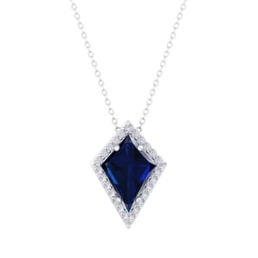 1 3/4 Carat Kite Shape Sapphire and Diamond Necklace In 14K White Gold