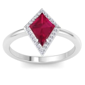 1 3/4 Carat Kite Shape Ruby and Diamond Ring In 14K White Gold