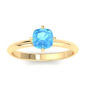 1 Carat Cushion Shape Blue Topaz Ring In 14K Yellow Gold