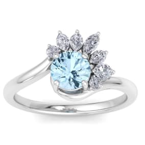 1 1/4 Carat Aquamarine and Marquise Crown Halo Diamond Ring In 14K White Gold