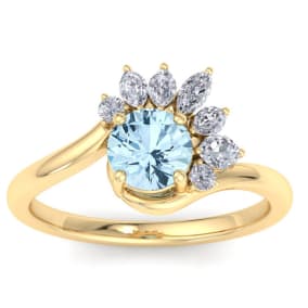 1 1/4 Carat Aquamarine and Marquise Crown Halo Diamond Ring In 14K Yellow Gold