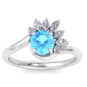 1 1/4 Carat Blue Topaz and Marquise Crown Halo Diamond Ring In 14K White Gold