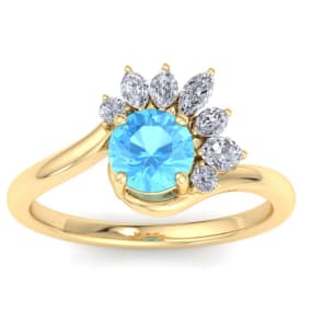 1 1/4 Carat Blue Topaz and Marquise Crown Halo Diamond Ring In 14K Yellow Gold