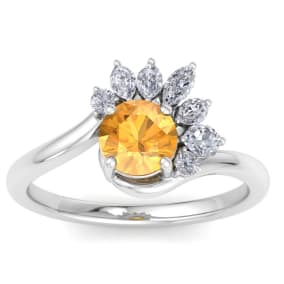 1 1/4 Carat Citrine and Marquise Crown Halo Diamond Ring In 14K White Gold