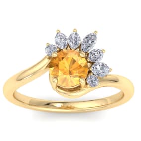 1 1/4 Carat Citrine and Marquise Crown Halo Diamond Ring In 14K Yellow Gold