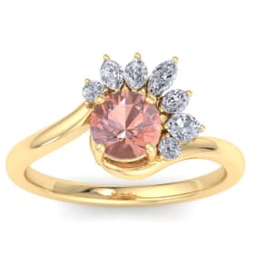 1-1/4 Carat Morganite and Marquise Crown Halo Diamond Ring In 14K Yellow Gold