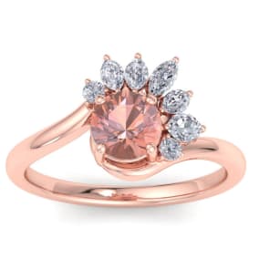 1-1/4 Carat Morganite and Marquise Crown Halo Diamond Ring In 14K Rose Gold