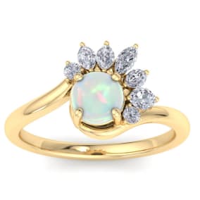 1-1/4 Carat Opal Ring with Marquise Diamond Crown Halo In 14K Yellow Gold