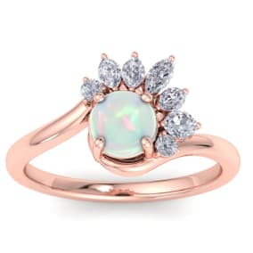 1-1/4 Carat Opal Ring with Marquise Diamond Crown Halo In 14K Rose Gold