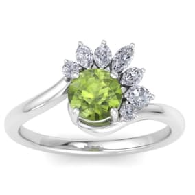 1 1/4 Carat Peridot and Marquise Crown Halo Diamond Ring In 14K White Gold