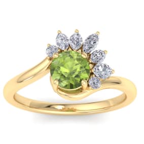 1 1/4 Carat Peridot and Marquise Crown Halo Diamond Ring In 14K Yellow Gold