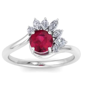 1 1/4 Carat Ruby and Marquise Crown Halo Diamond Ring In 14K White Gold