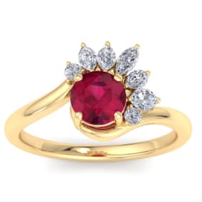 1 1/4 Carat Ruby and Marquise Crown Halo Diamond Ring In 14K Yellow Gold