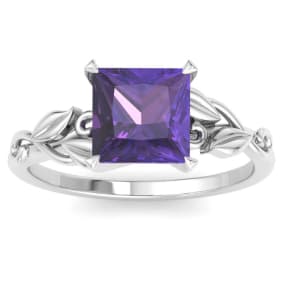 1 1/2 Carat Princess Shape Amethyst Ornate Ring In 14K White Gold