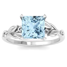 1 1/2 Carat Princess Shape Aquamarine Ornate Ring In 14K White Gold