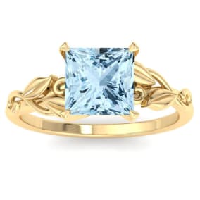 1 1/2 Carat Princess Shape Aquamarine Ornate Ring In 14K Yellow Gold