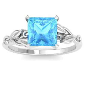 1 1/2 Carat Princess Shape Blue Topaz Ornate Ring In 14K White Gold