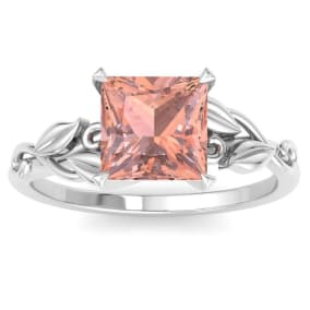 1-1/2 Carat Princess Shape Morganite Ornate Ring In 14K White Gold