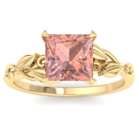 1-1/2 Carat Princess Shape Morganite Ornate Ring In 14K Yellow Gold